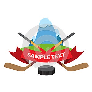 The logo of the hockey club or competition, crossed hockey sticks, puck and mountains