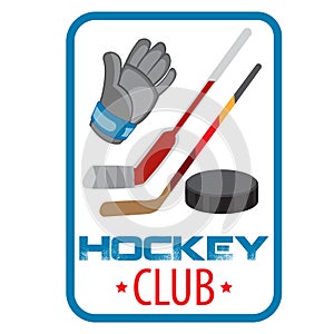 The logo of the hockey club or competition, stick, gloves and puck