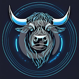 Logo for the holiday of San Fermin. Image of a black and blue bull inside a blue circles. Neon blue round. Line art