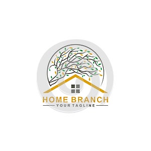 logo house and leaves branches