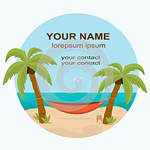 Logo or icon - hammock with palm trees on the beach with a place for your text - round shape. Vector flat design.