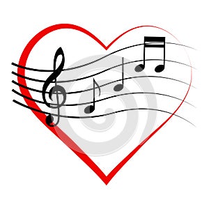 Logo icon heart with notes and treble clef, vector sign love for music, melomaniac symbol
