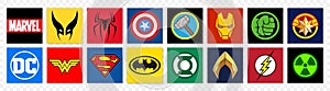 Logo Icon of the most famous superheroes DC & Marvel: Wonder Woman, Superman, Batman, Green Lantern, Aquaman, Flash, Wolverine,