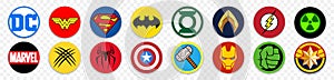 Logo Icon of the most famous superheroes DC & Marvel: Wonder Woman, Superman, Batman, Green Lantern, Aquaman, Flash, Wolverine,