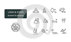 Logo and icons for tourism, camping, outdoor activities, sports complex. Tent, hiking, park, forest, paragliding