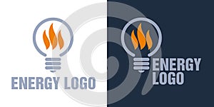 Logo for identity. The theme of energy. Fire in a stylish light bulb