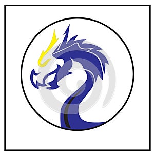 logo illustration. dragons in blue, yellow, and black. with a circle emblem