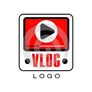 Vector logo for information video channel or vlog. Creative emblem with screen, play button and timeline. Live stream