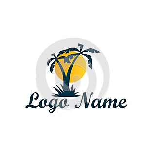 Logo isolated of travel agency. A symbol of vacation, travel and recreation in warm countries. Logo with palm trees