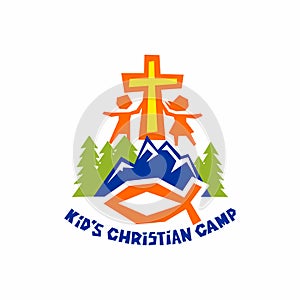 Logo of kid`s Christian camp. Fish, the cross of Jesus, children, mountains and trees