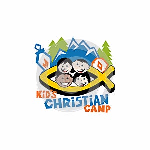 Logo of kid`s Christian camp. Fish is a sign of Jesus, children, mountains and a compass