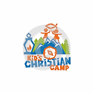 Logo of kid`s Christian camp. Fish is a sign of Jesus, children, mountains and a compass