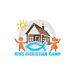 Logo of kid`s Christian camp. The house, the sun, the children, the fish - the sign of Jesus.