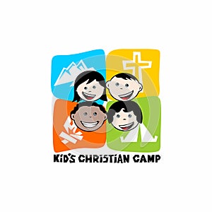 Logo of kid`s Christian camp. Mountains, cross and tent, kiddies.