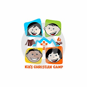 Logo of kid`s Christian camp. Mountains, cross and tent, kiddies.