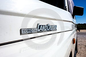 The logo of legendary classical off road Toyota Landcruiser on the J70 model