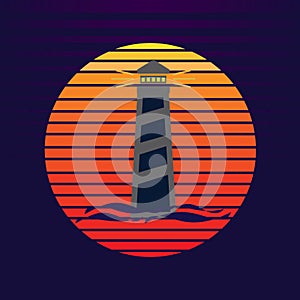 Logo of lighthouse on sea and sunset in background