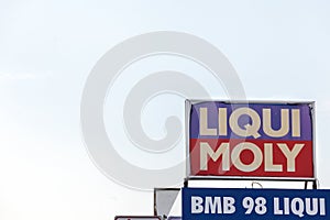 Logo of Liqui Moly seen in their Belgrade main retailer. Liqui Moly is a German chemical brand of oils, additive and lubricants