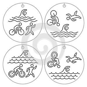 Logo and locket triathlon. Linear figure triathletes.