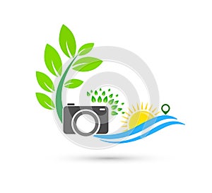 Camera sun water wave care Icon Logo Design Element. green health logo