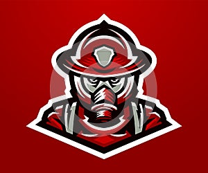 Logo, mascot firefighter. Lethal task, a dangerous profession, mask, rescue squad, uniforms. Vector illustration.