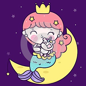 Logo Mermaid princess cartoon hug fairy unicorn vector kawaii fish animal