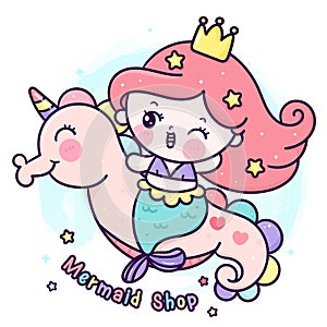 Logo Mermaid princess cartoon ride unicorn sea horse vector kawaii animal cute Pony child