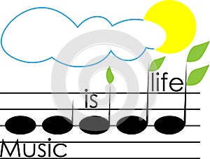 Logo music is life from the notes of sprouts with leaves a cloud and the sun