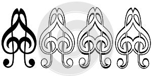 Logo musical love sign icon two treble keys form a heart, vector logo music lover heart from a treble key