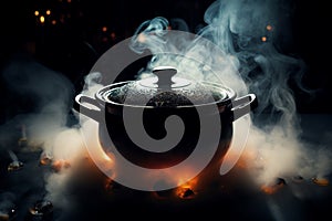 Logo mystique Steaming pot in dark, steam swirling over saucepan