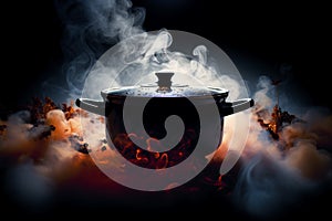 Logo mystique Steaming pot in dark, steam swirling over saucepan