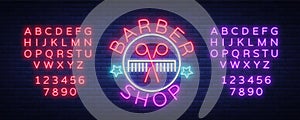 Logo, neon sign hairdresser and barbershop. Emblem, neon style label. Bright advertising billboard advertising banner photo