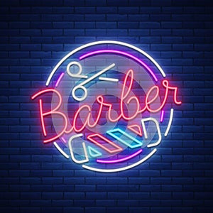Logo, a neon sign for a hairdresser and barbershop. Emblem, neon style label. Bright advertising billboard advertising photo
