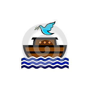 Logo of Noah`s Ark. Dove with a branch of olive. Ship to rescue animals and people from the Flood. Biblical illustration
