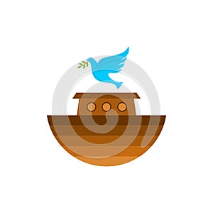 Logo of Noah`s Ark. Dove with a branch of olive. Ship to rescue animals and people from the Flood. Biblical illustration