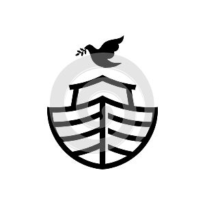 Logo of Noah`s Ark. Dove with a branch of olive. Ship to rescue animals and people from the Flood. Biblical illustration