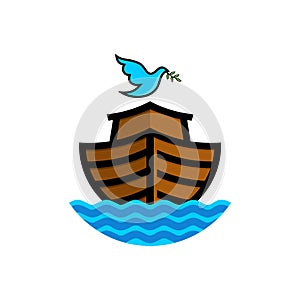 Logo of Noah`s Ark. Dove with a branch of olive. Ship to rescue animals and people from the Flood. Biblical illustration