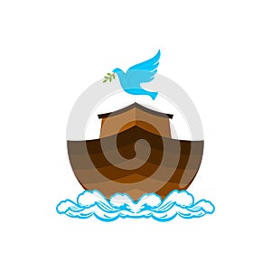 Logo of Noah`s Ark. Dove with a branch of olive. Ship to rescue animals and people from the Flood. Biblical illustration