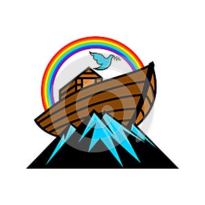 Logo of Noah`s Ark. Rainbow - a symbol of the covenant. Dove with a branch of olive. Ship to rescue animals and people