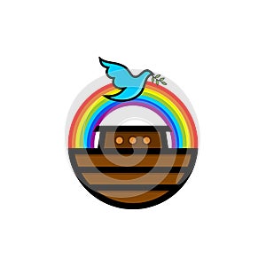 Logo of Noah`s Ark. Rainbow - a symbol of the covenant. Dove with a branch of olive. Ship to rescue animals and people