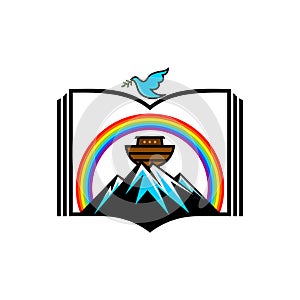 Logo of Noah`s Ark. Rainbow - a symbol of the covenant. Dove with a branch of olive. Ship to rescue animals and people