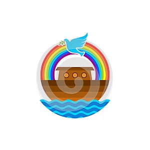 Logo of Noah`s Ark. Rainbow - a symbol of the covenant. Dove with a branch of olive. Ship to rescue animals and people