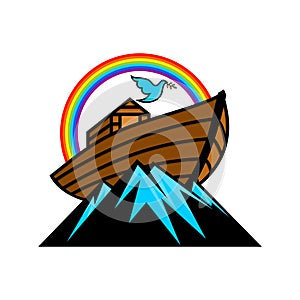 Logo of Noah`s Ark. Rainbow - a symbol of the covenant. Dove with a branch of olive. Ship to rescue animals and people photo