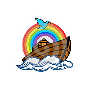 Logo of Noah`s Ark. Rainbow - a symbol of the covenant. Dove with a branch of olive. Ship to rescue animals and people