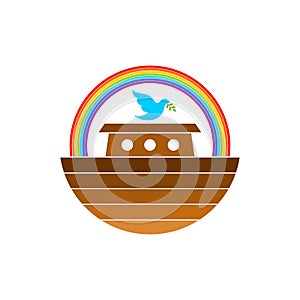 Logo of Noah`s Ark. Rainbow - a symbol of the covenant. Dove with a branch of olive. Ship to rescue animals and people photo