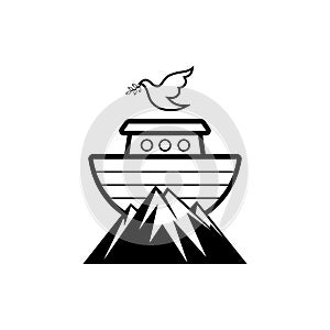 Logo Noah`s ark on top of the mountain. Dove with a branch of olive. Ship to rescue animals and people from the Flood.