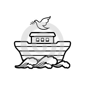 Logo Noah`s ark on top of the mountain. Dove with a branch of olive. Ship to rescue animals and people from the Flood.