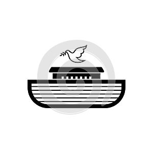 Logo Noah`s ark on top of the mountain. Dove with a branch of olive. Ship to rescue animals and people from the Flood.