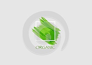 Logo Organic green Original grunge brush paint texture design logo acrylic stroke poster over square frame vector. Rough paper