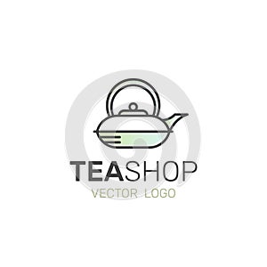 Logo for Organic Green tea Shop for Healthy Lifestyle. Cup of Organic Green Tea and Fresh Green Leafs